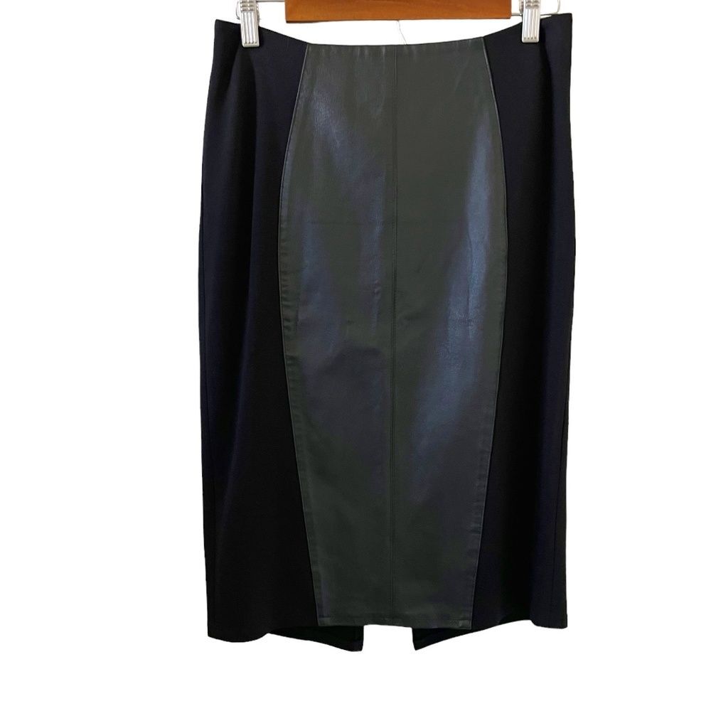 Neiman Marcus Leather Panel Ponte Knit Pencil Skirt In Black Size M